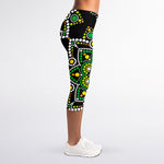 Green White Dot Mandala Print Women's Capri Leggings