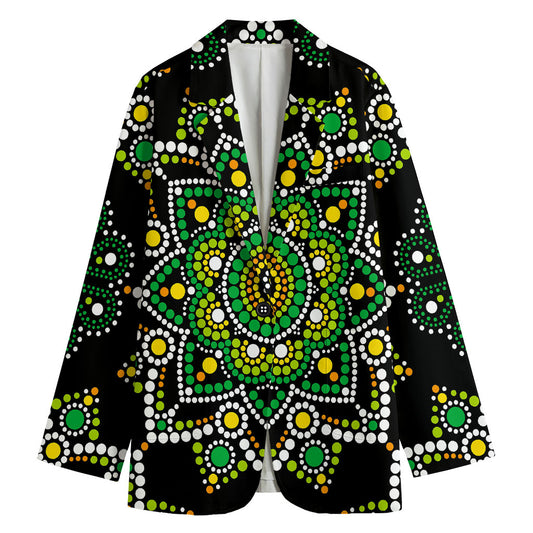 Green White Dot Mandala Print Women's Cotton Blazer