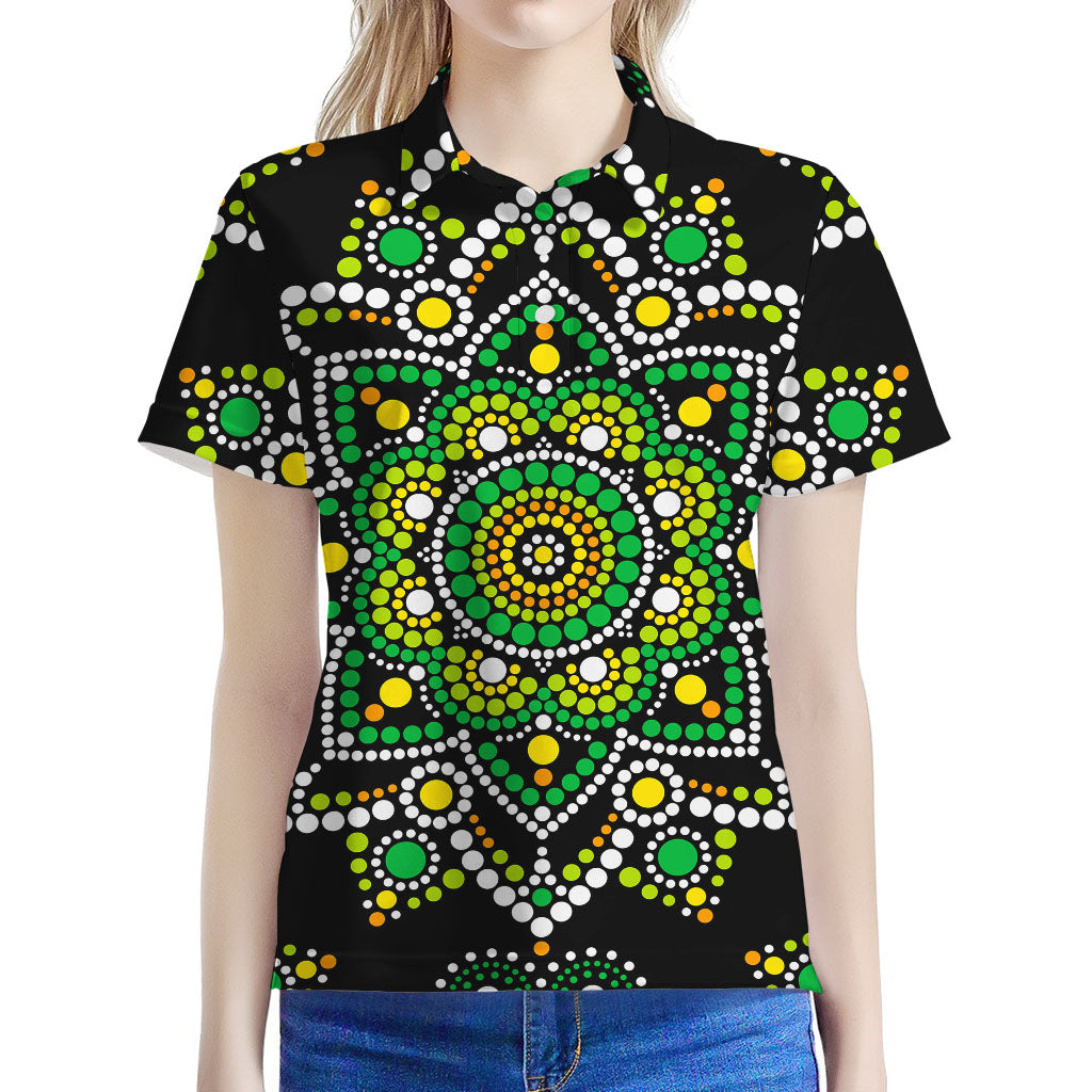 Green White Dot Mandala Print Women's Polo Shirt