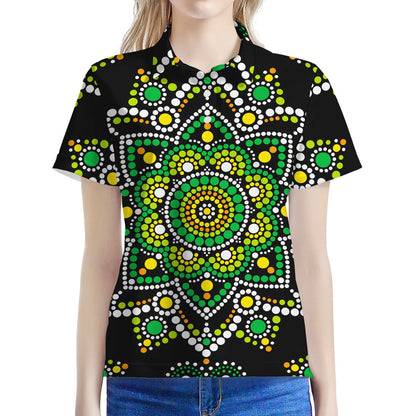 Green White Dot Mandala Print Women's Polo Shirt