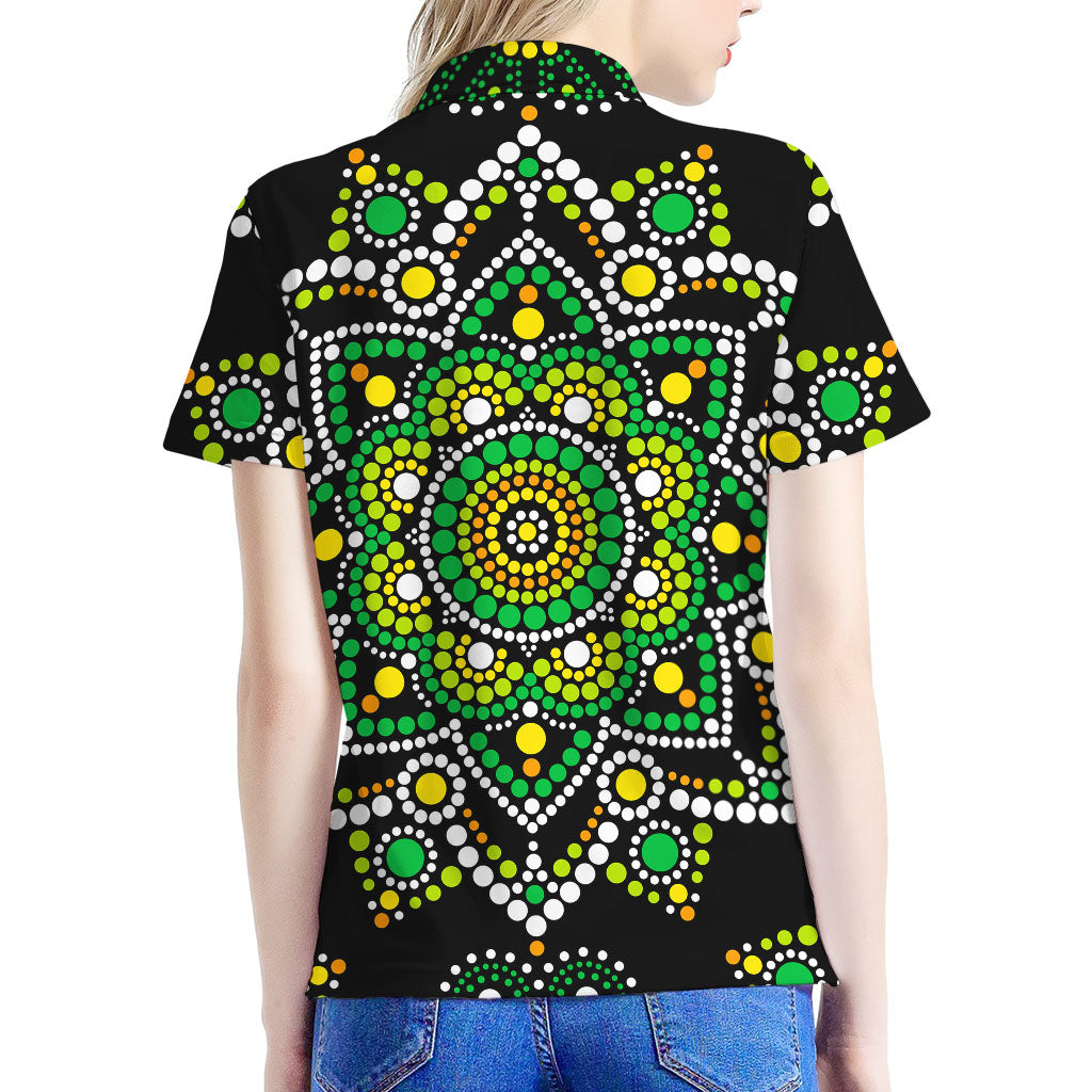 Green White Dot Mandala Print Women's Polo Shirt