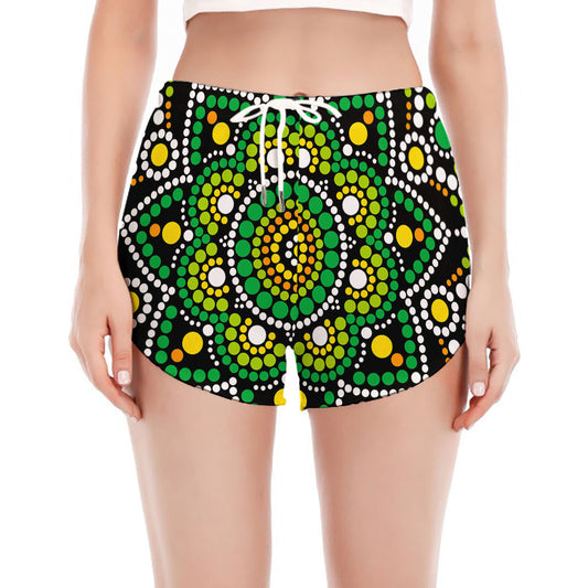 Green White Dot Mandala Print Women's Split Running Shorts