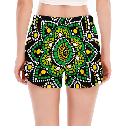 Green White Dot Mandala Print Women's Split Running Shorts