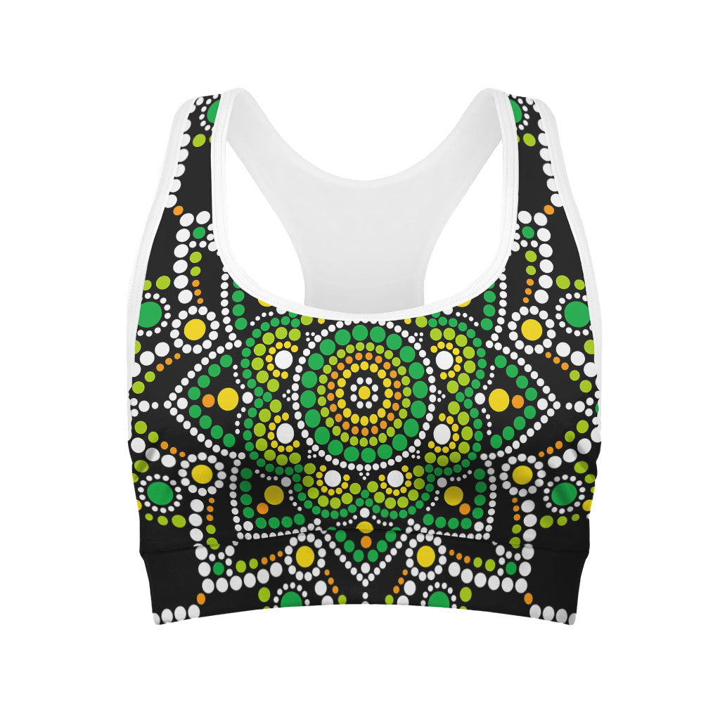 Green White Dot Mandala Print Women's Sports Bra