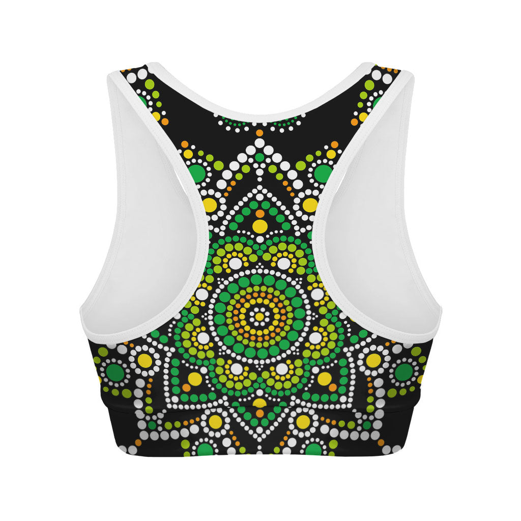Green White Dot Mandala Print Women's Sports Bra