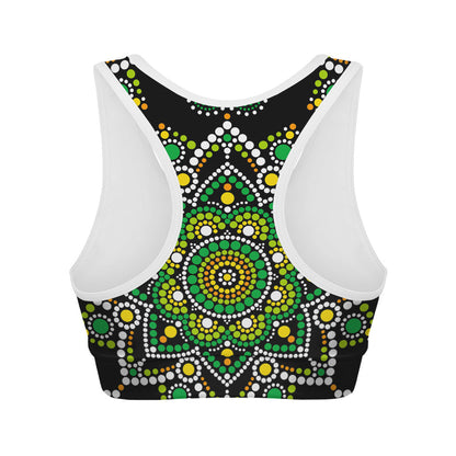 Green White Dot Mandala Print Women's Sports Bra