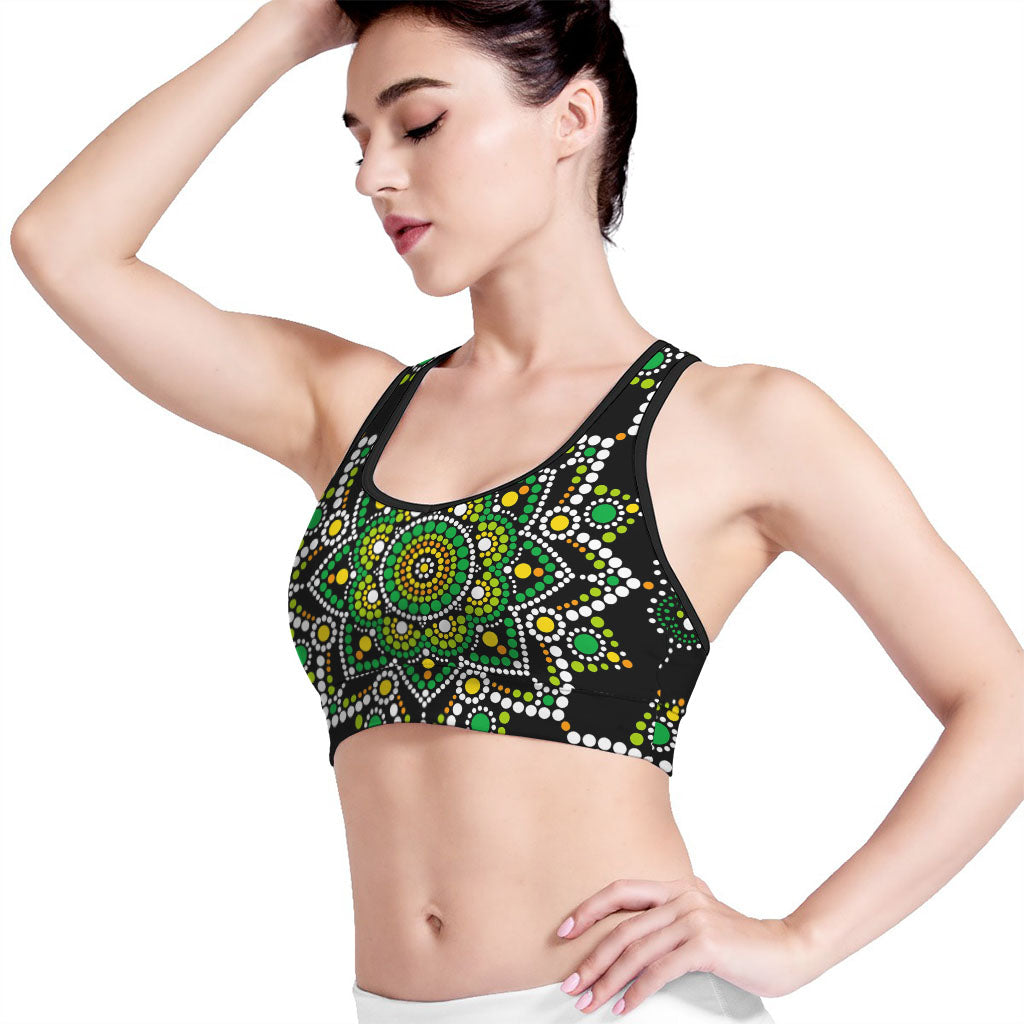 Green White Dot Mandala Print Women's Sports Bra