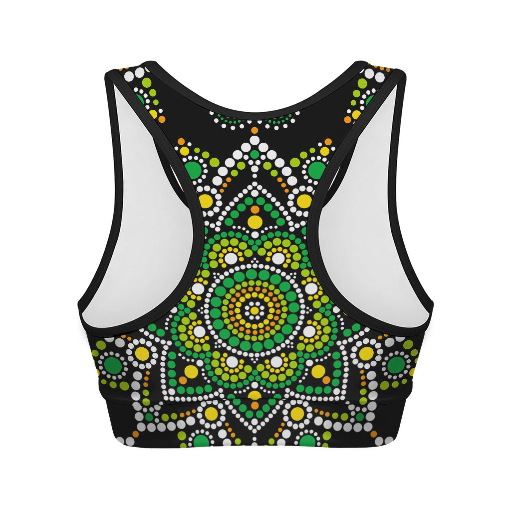 Green White Dot Mandala Print Women's Sports Bra