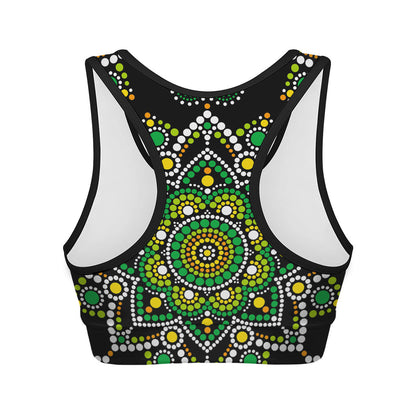 Green White Dot Mandala Print Women's Sports Bra
