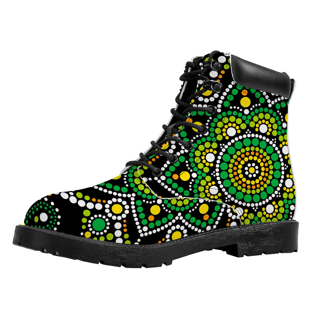 Green White Dot Mandala Print Work Boots
