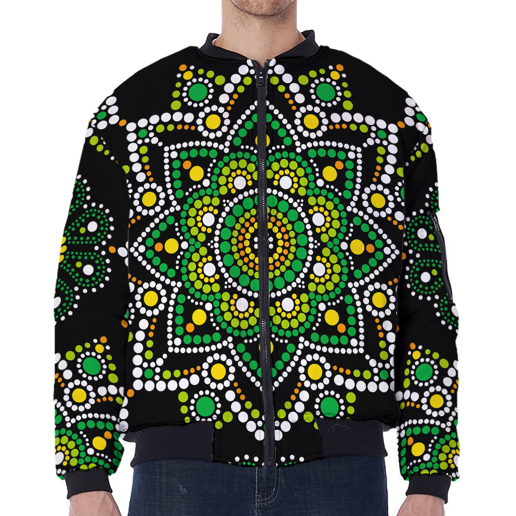 Green White Dot Mandala Print Zip Sleeve Bomber Jacket