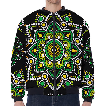 Green White Dot Mandala Print Zip Sleeve Bomber Jacket