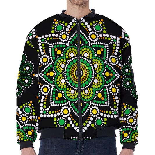 Green White Dot Mandala Print Zip Sleeve Bomber Jacket