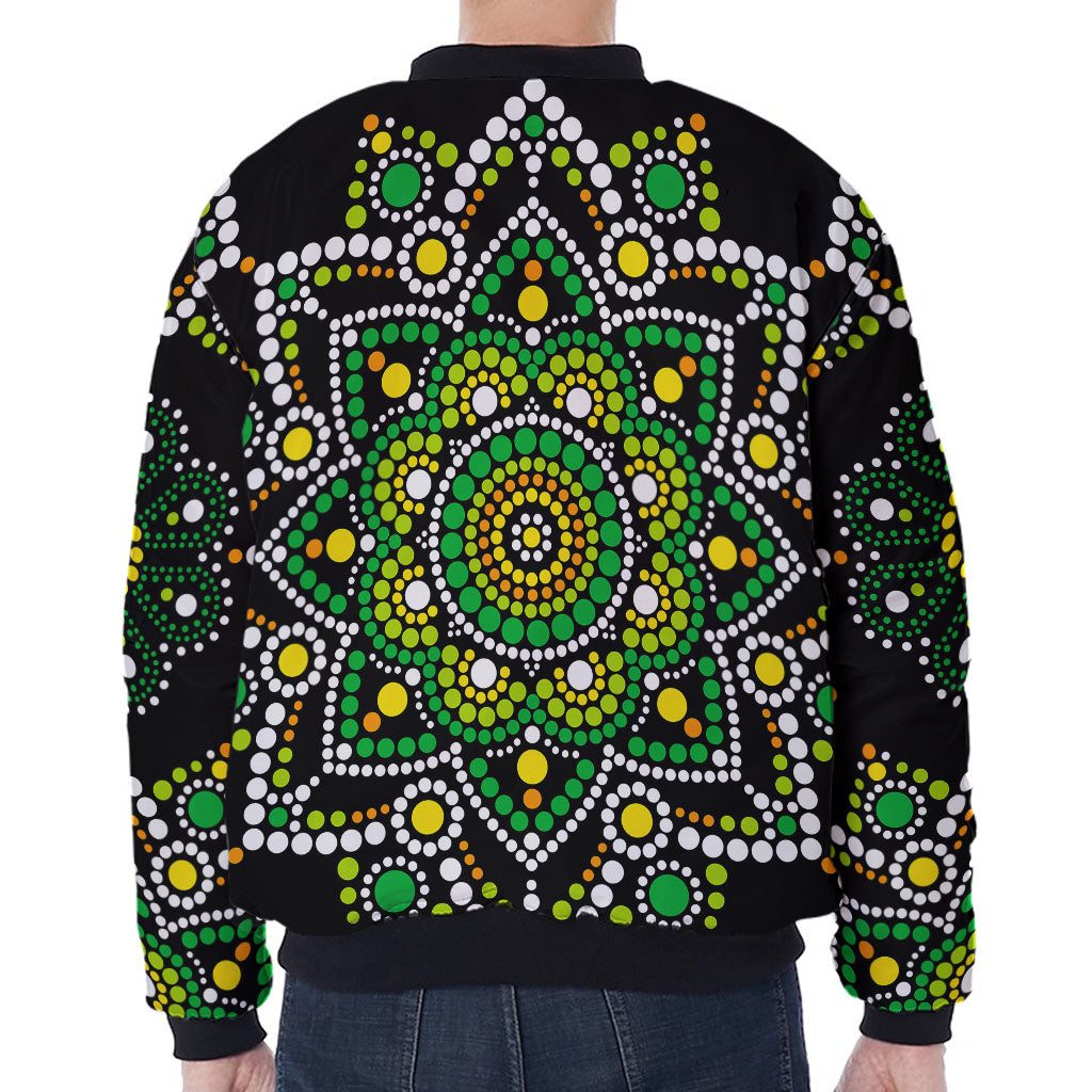 Green White Dot Mandala Print Zip Sleeve Bomber Jacket
