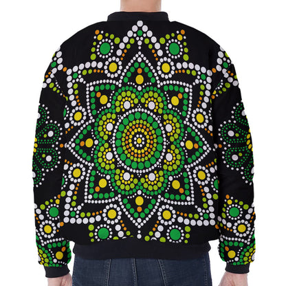 Green White Dot Mandala Print Zip Sleeve Bomber Jacket