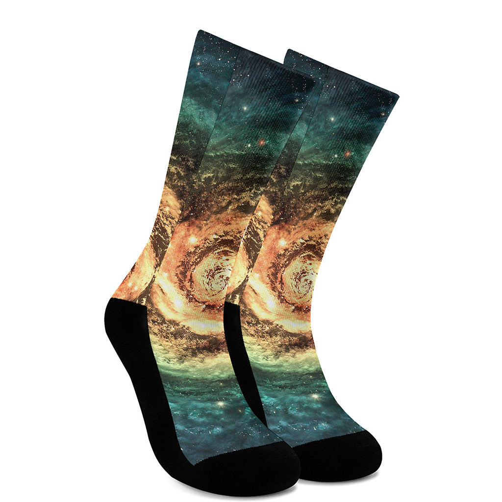 Green Yellow Spiral Galaxy Space Print Crew Socks