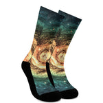 Green Yellow Spiral Galaxy Space Print Crew Socks