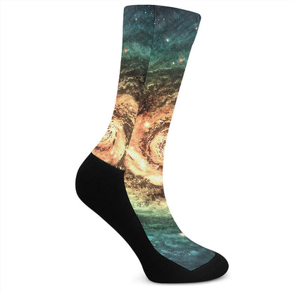 Green Yellow Spiral Galaxy Space Print Crew Socks