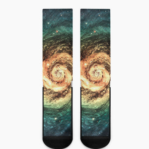 Green Yellow Spiral Galaxy Space Print Crew Socks