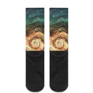 Green Yellow Spiral Galaxy Space Print Crew Socks