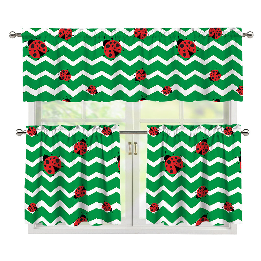 Green Zigzag Ladybird Pattern Print 3 Piece Kitchen Curtains