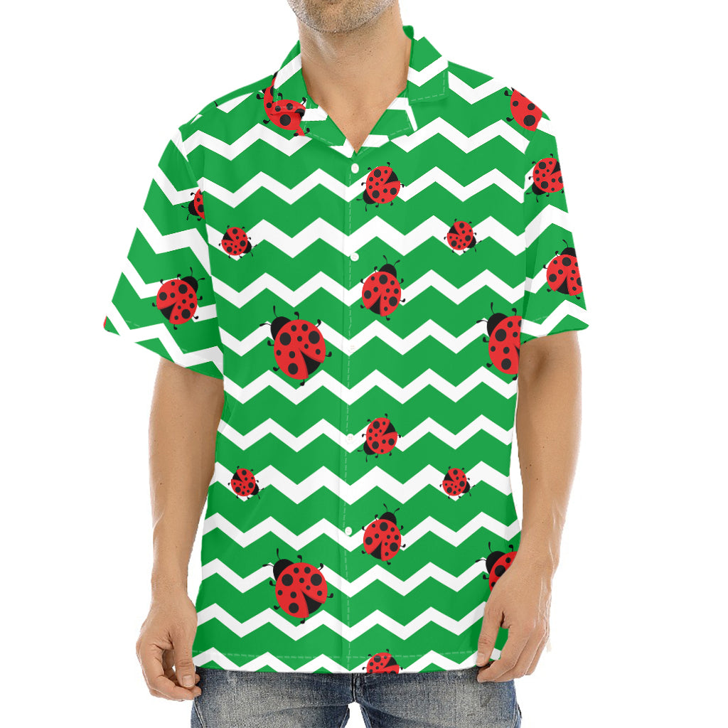 Green Zigzag Ladybird Pattern Print Aloha Shirt