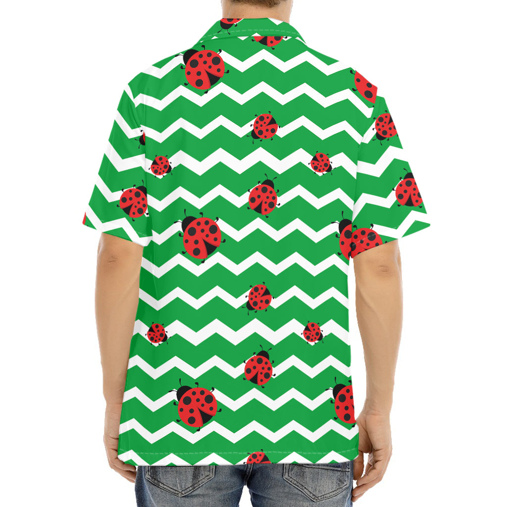 Green Zigzag Ladybird Pattern Print Aloha Shirt