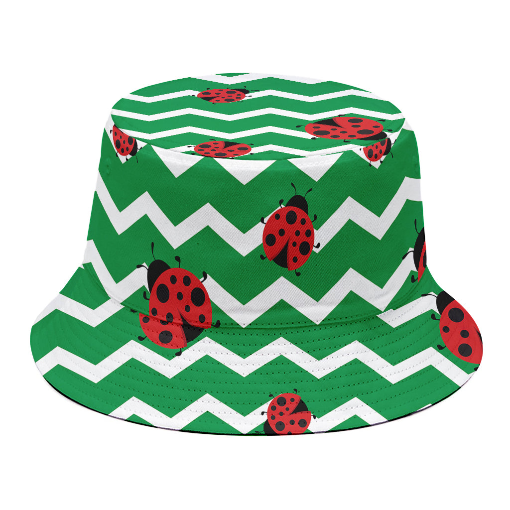 Green Zigzag Ladybird Pattern Print Bucket Hat