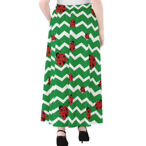 Green Zigzag Ladybird Pattern Print Chiffon Maxi Skirt