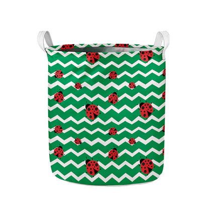 Green Zigzag Ladybird Pattern Print Collapsible Laundry Basket