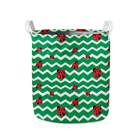 Green Zigzag Ladybird Pattern Print Collapsible Laundry Basket