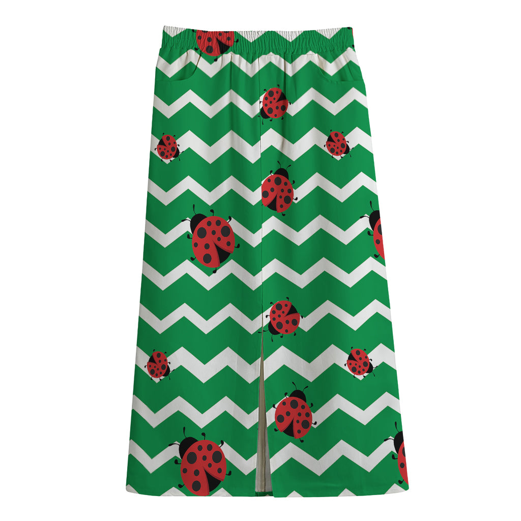 Green Zigzag Ladybird Pattern Print Cotton Front Slit Maxi Skirt