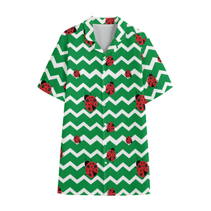 Green Zigzag Ladybird Pattern Print Cotton Hawaiian Shirt