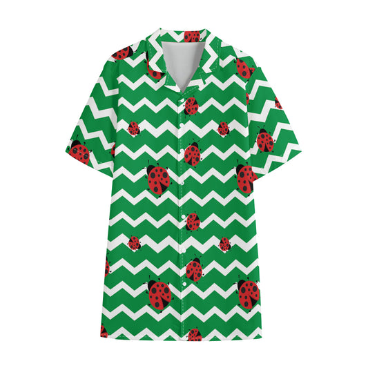 Green Zigzag Ladybird Pattern Print Cotton Hawaiian Shirt