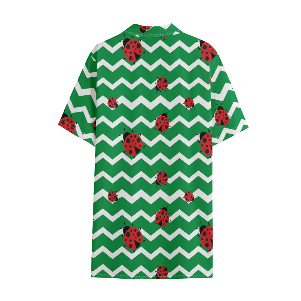 Green Zigzag Ladybird Pattern Print Cotton Hawaiian Shirt