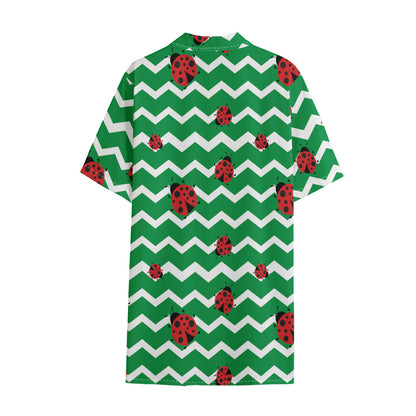 Green Zigzag Ladybird Pattern Print Cotton Hawaiian Shirt