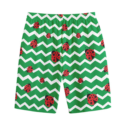 Green Zigzag Ladybird Pattern Print Cotton Shorts
