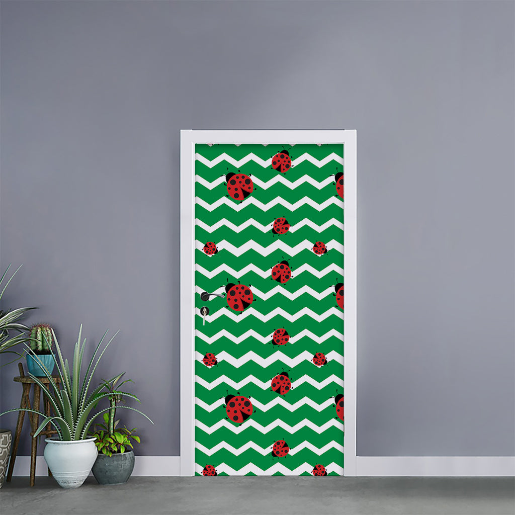 Green Zigzag Ladybird Pattern Print Door Sticker