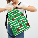 Green Zigzag Ladybird Pattern Print Drawstring Backpack