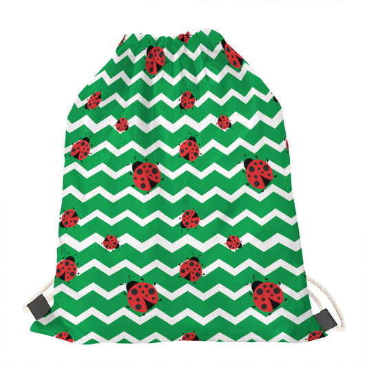 Green Zigzag Ladybird Pattern Print Drawstring Bag