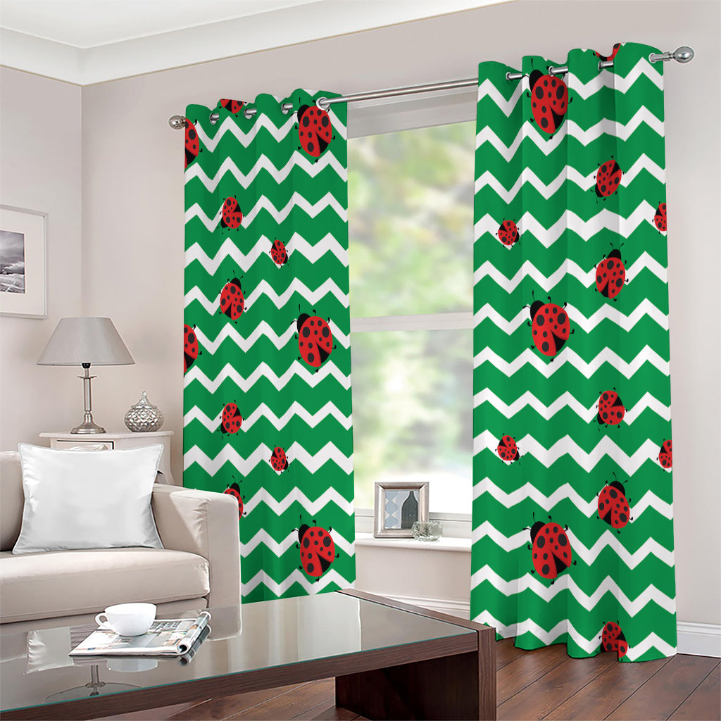 Green Zigzag Ladybird Pattern Print Extra Wide Grommet Curtains