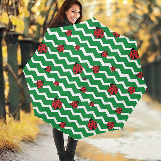 Green Zigzag Ladybird Pattern Print Foldable Umbrella
