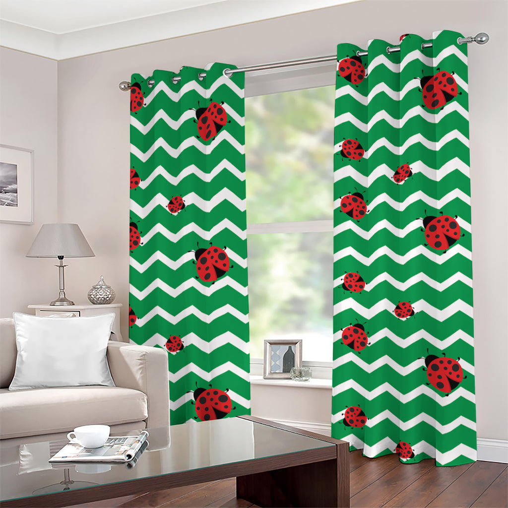 Green Zigzag Ladybird Pattern Print Grommet Curtains