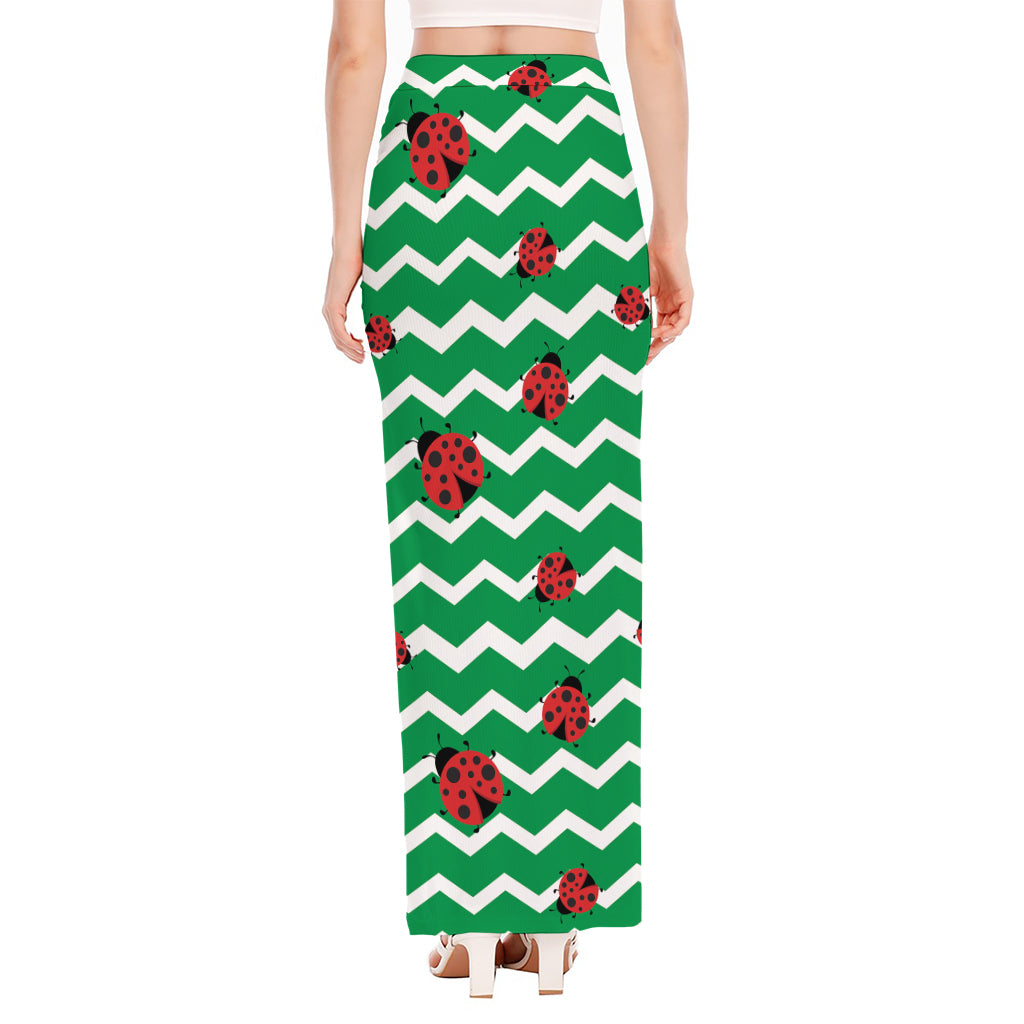 Green Zigzag Ladybird Pattern Print High Slit Maxi Skirt