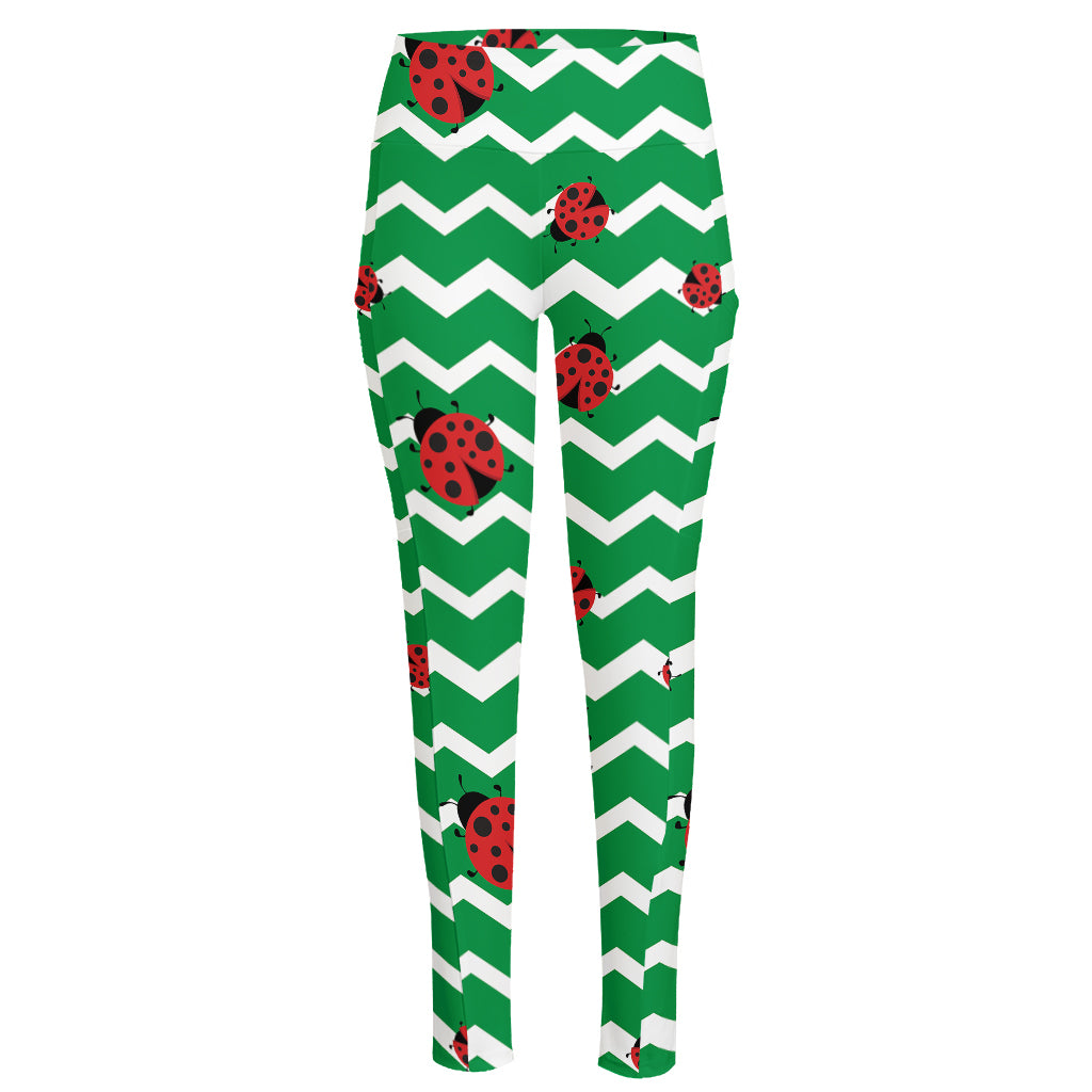 Green Zigzag Ladybird Pattern Print High-Waisted Pocket Leggings