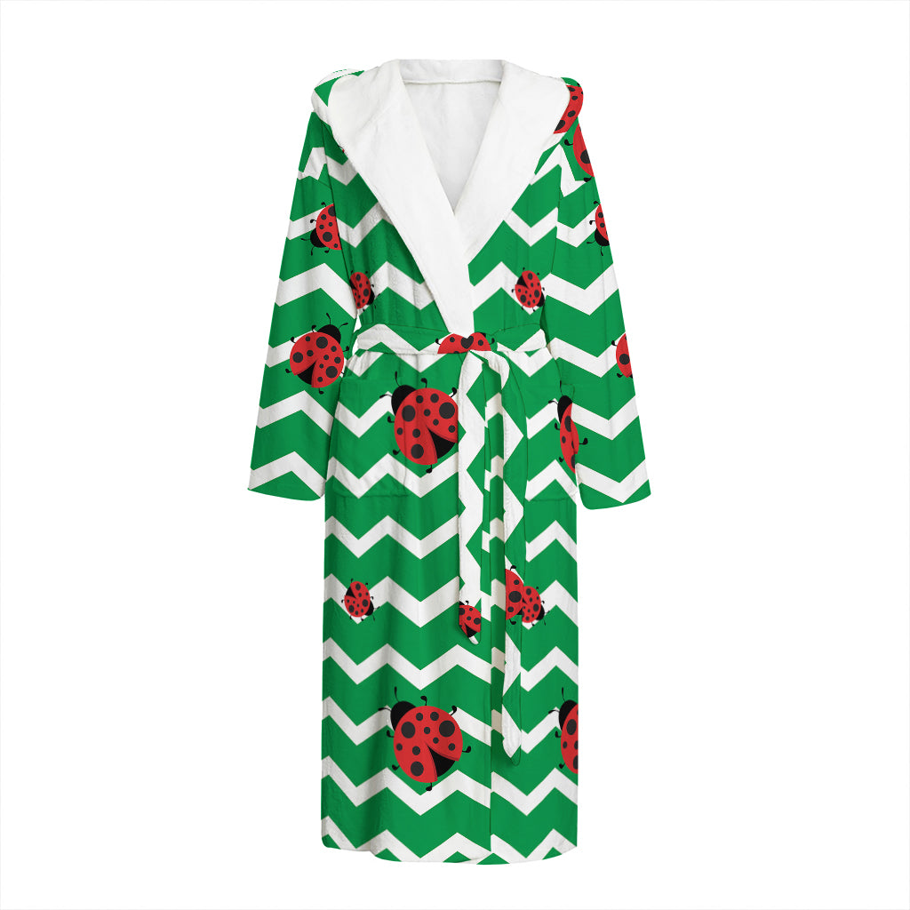 Green Zigzag Ladybird Pattern Print Hooded Bathrobe