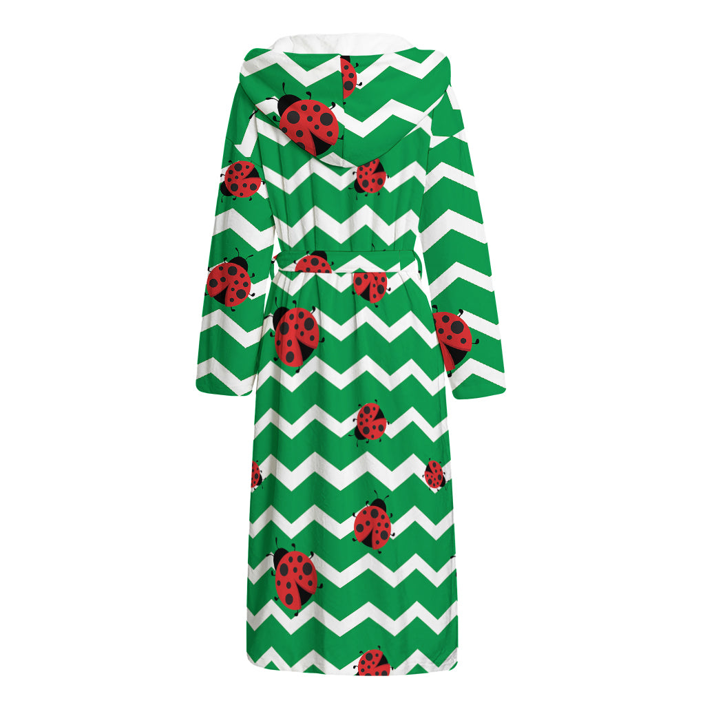 Green Zigzag Ladybird Pattern Print Hooded Bathrobe