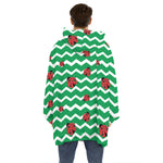 Green Zigzag Ladybird Pattern Print Hoodie Blanket
