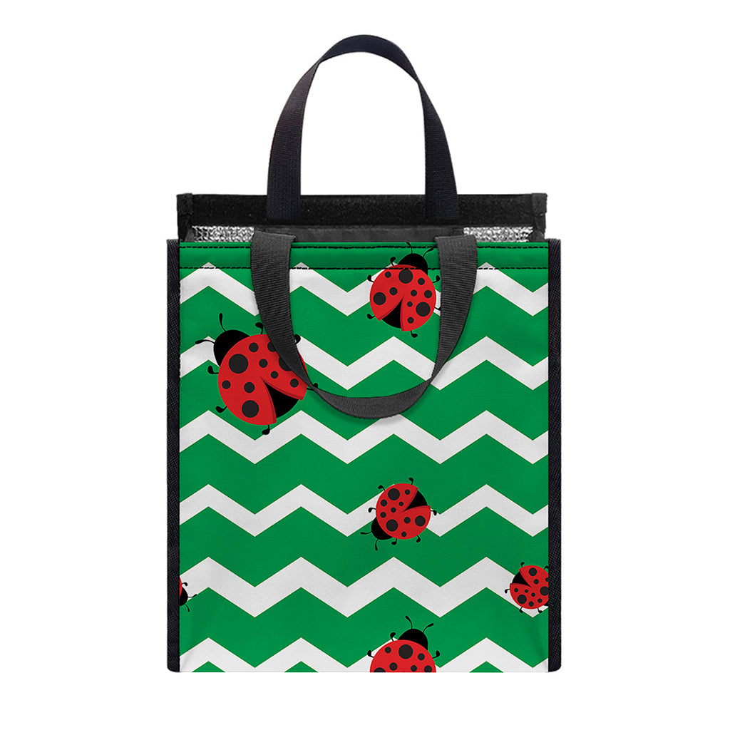 Green Zigzag Ladybird Pattern Print Insulated Lunch Tote