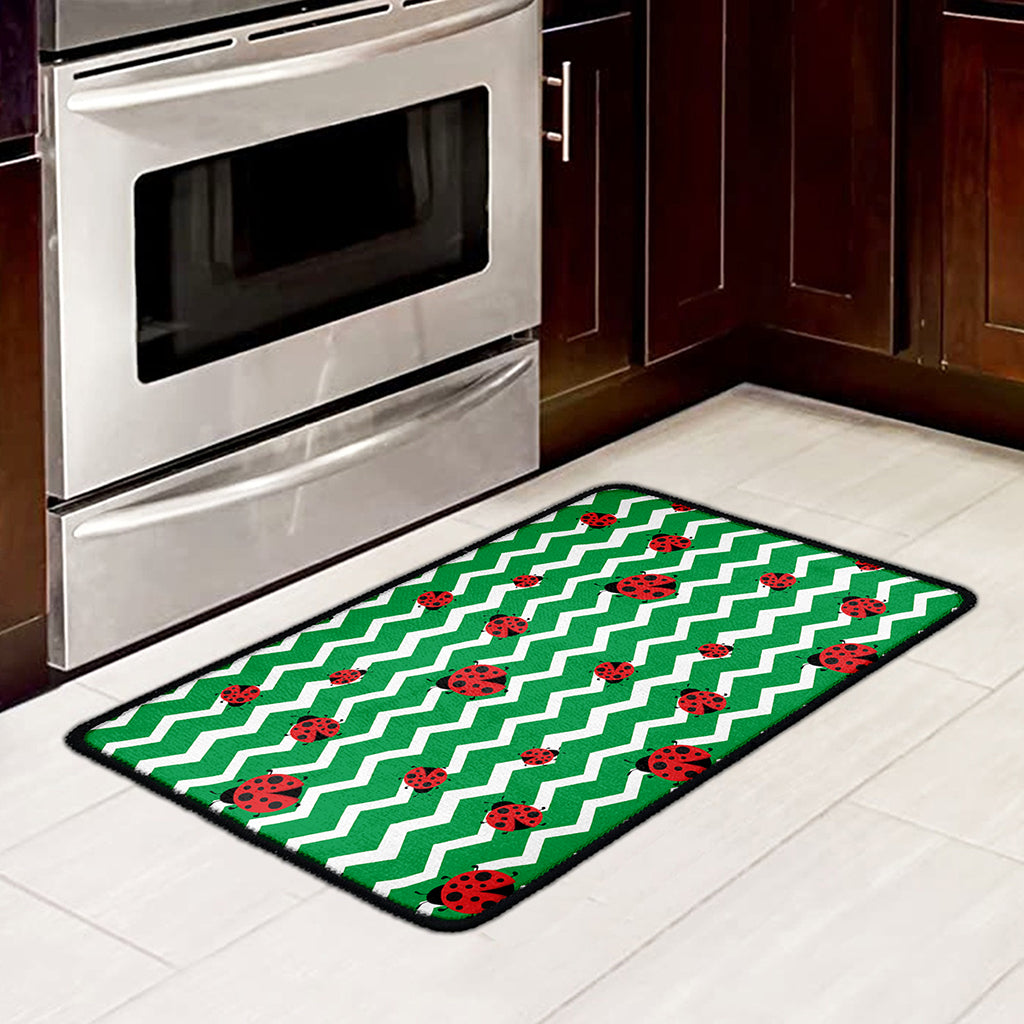 Green Zigzag Ladybird Pattern Print Kitchen Mat